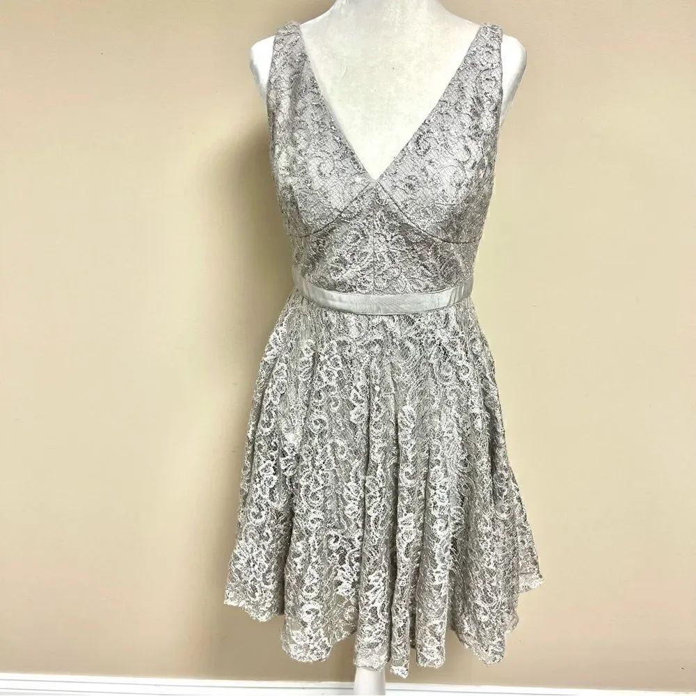 Adrianna Papell silver lace midi dress.  Size 4